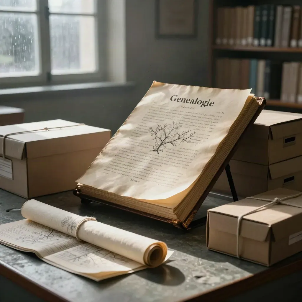 Registro comunale, schede genealogiche e mappe in una luce cinematografica dopo la pioggia.