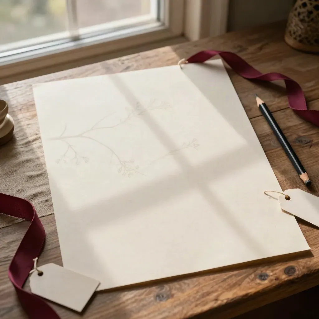 Modello di albero genealogico su carta avorio con matita, nastro di lino e cartellini.