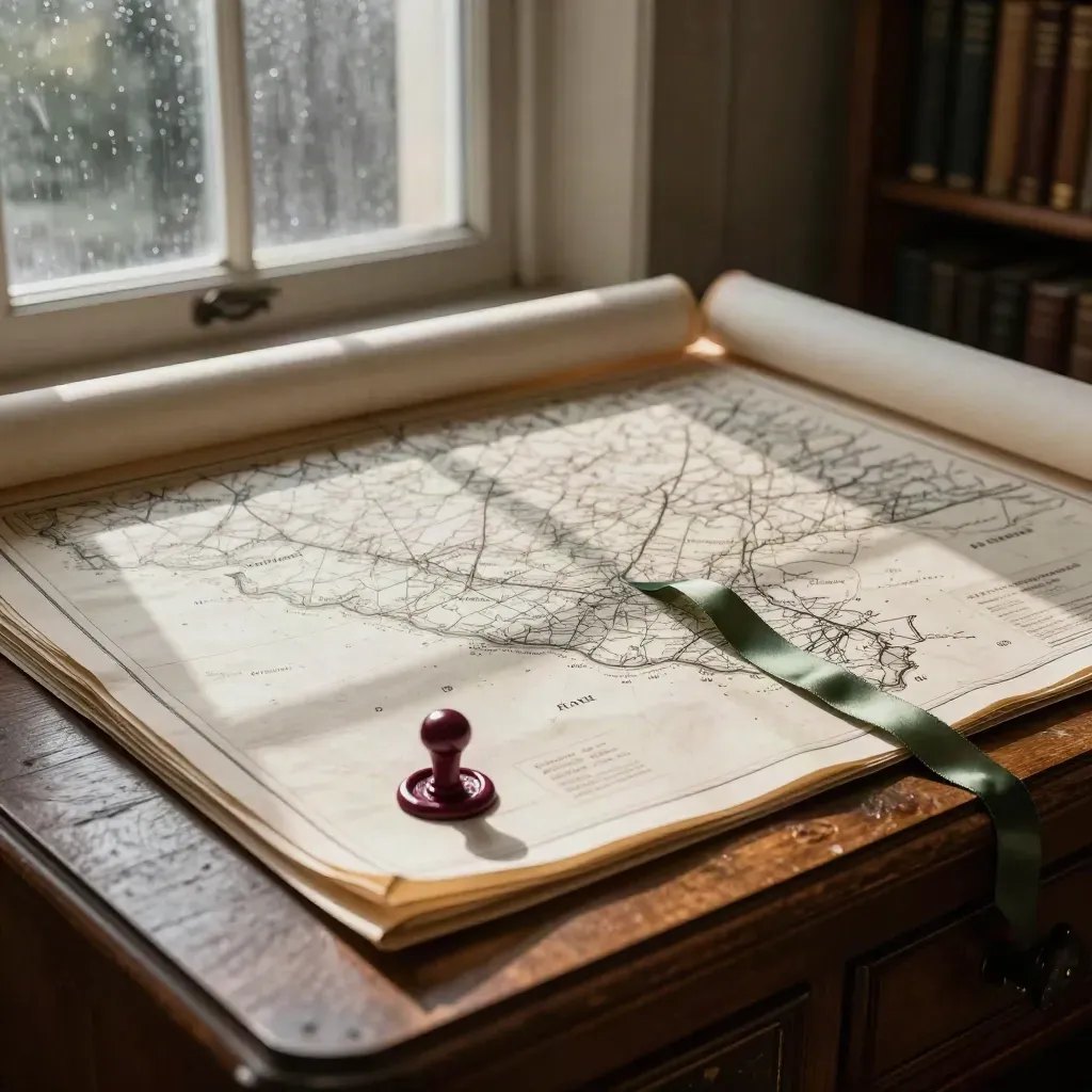 Mappa antica con cartoncini genealogici, sigillo ceralacca e fogli di cognomi su una credenza in legno.
