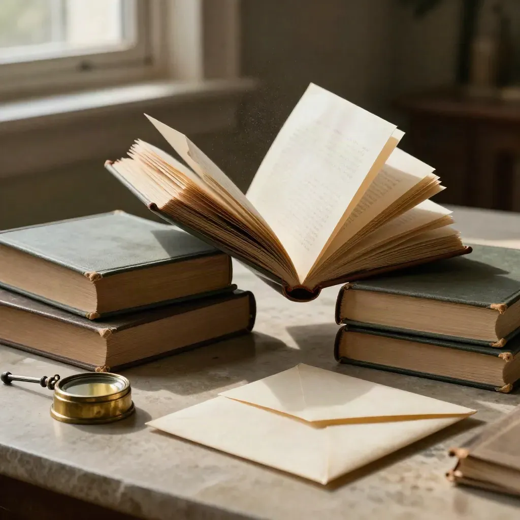 Libri di stato civile in tela aperti sul tavolo con busta archivio e fermacarte di ottone