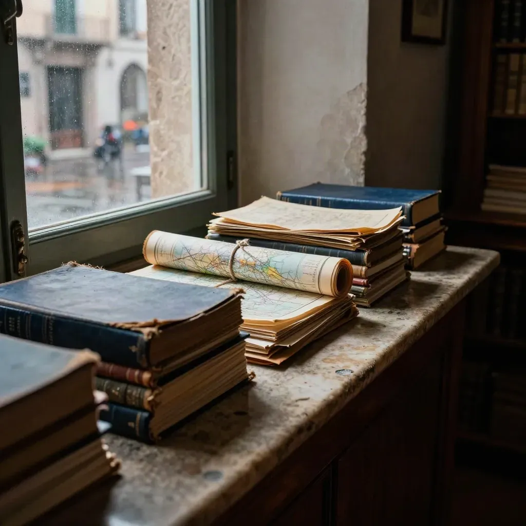 Sportello d’archivio siciliano con faldoni, mappa arrotolata e cortile umido dopo la pioggia