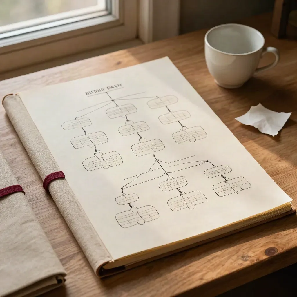 Foglio genealogico crema con cartella in lino, elastico bordeaux e tazza ceramica vuota in luce calda
