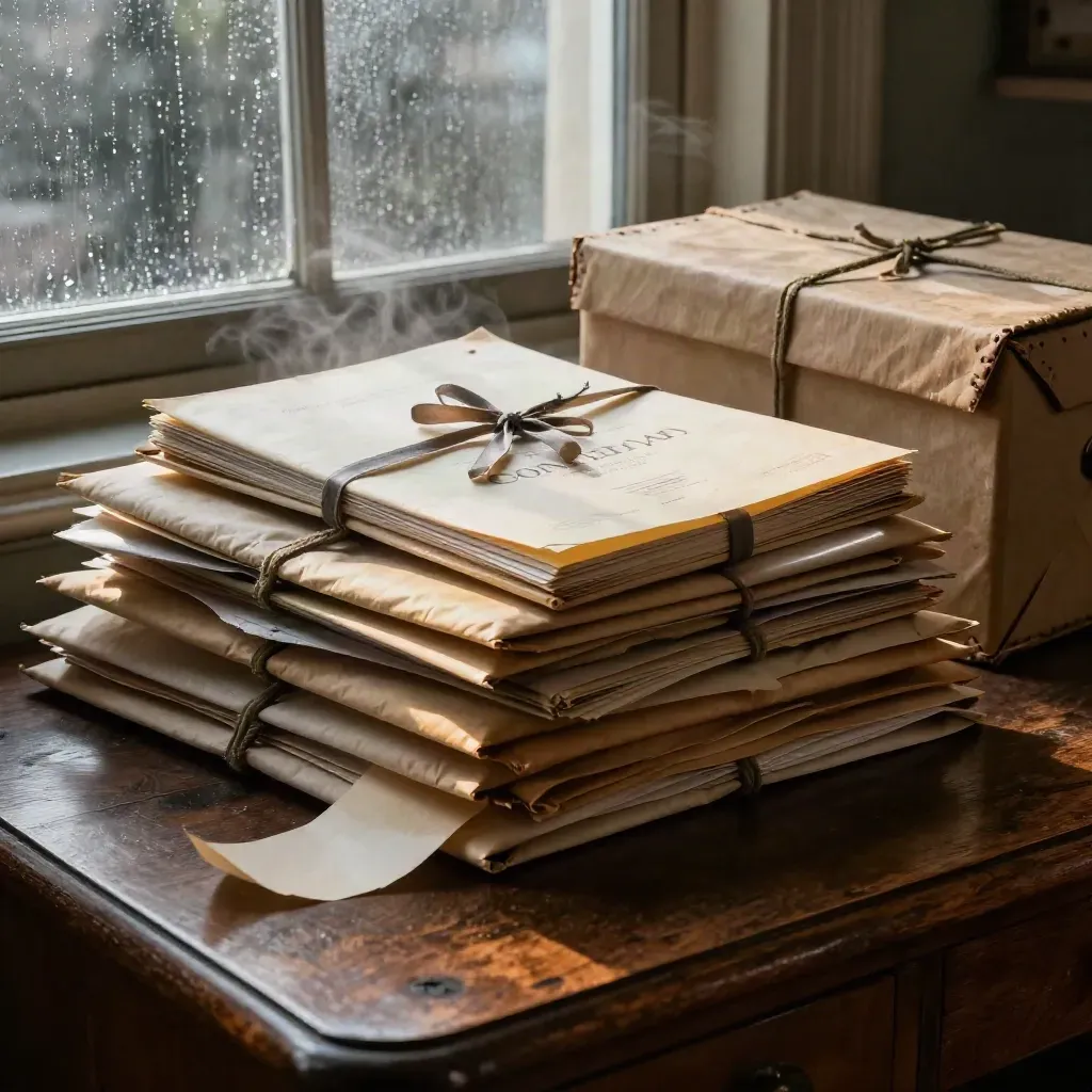 Fascicolo consolare, buste e scatola d’archivio su una scrivania, con pioggia alla finestra.