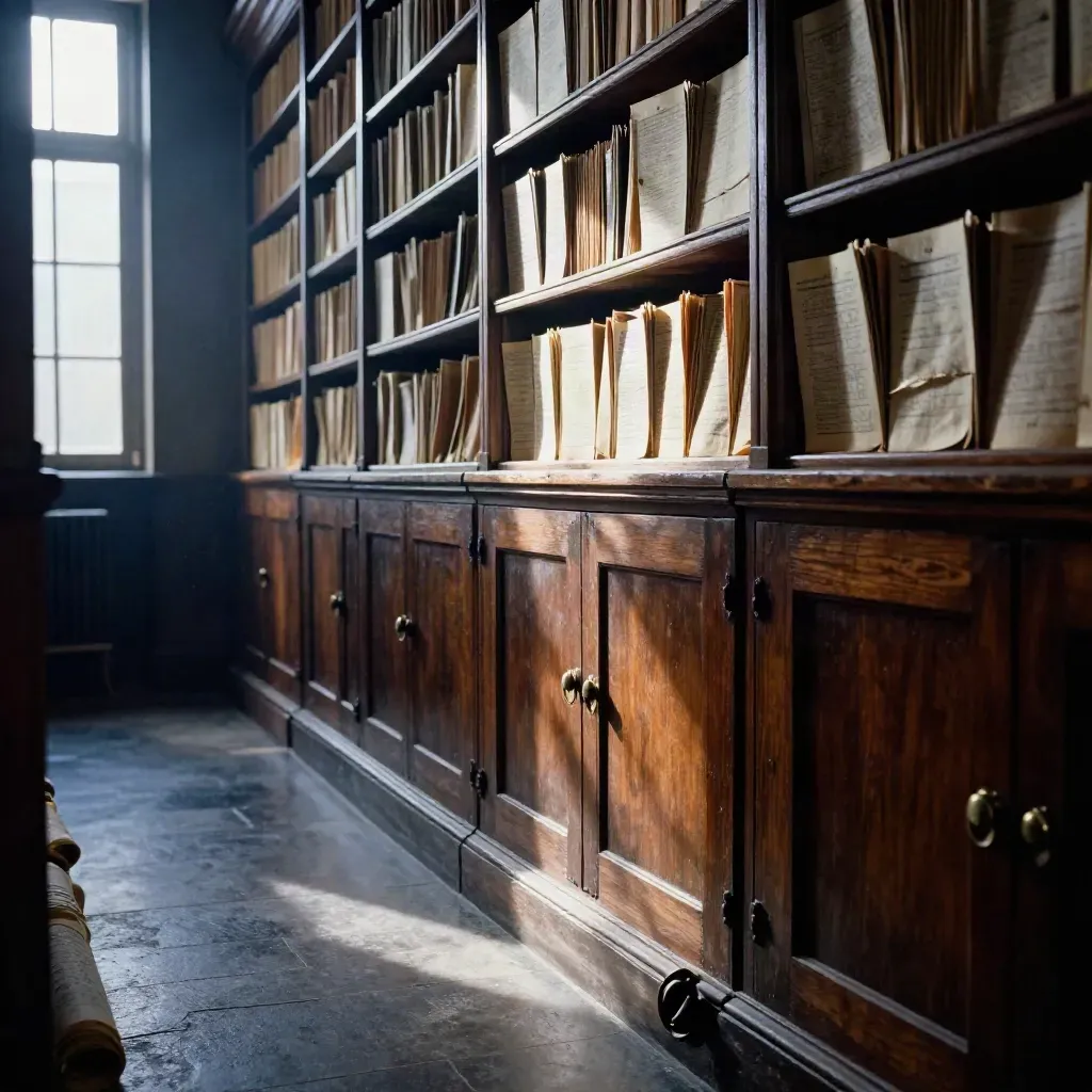 Corridoio d'archivio napoletano con armadi lignei, mappe arrotolate e luce obliqua polverosa.
