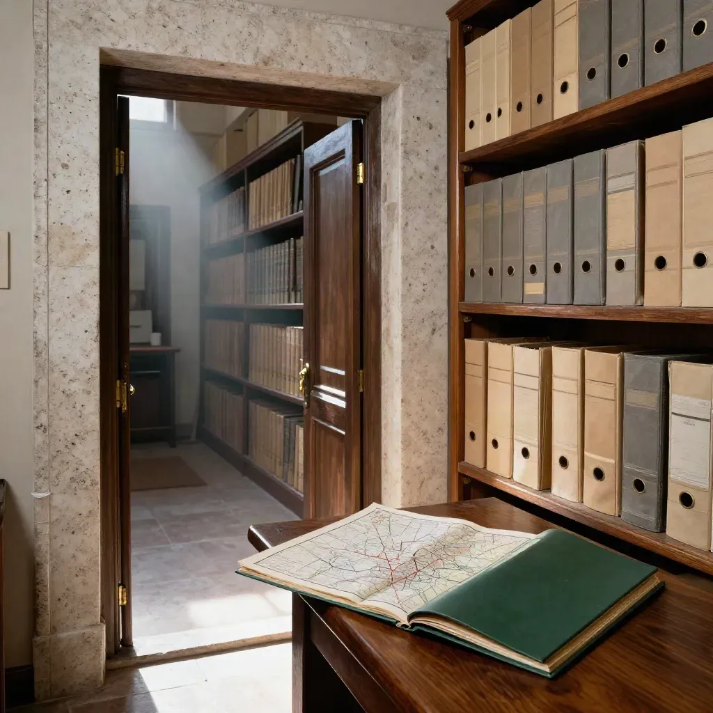 Archivio laziale con porta aperta, cartelle e mappa piegata su tavolo, luce calda sul travertino.