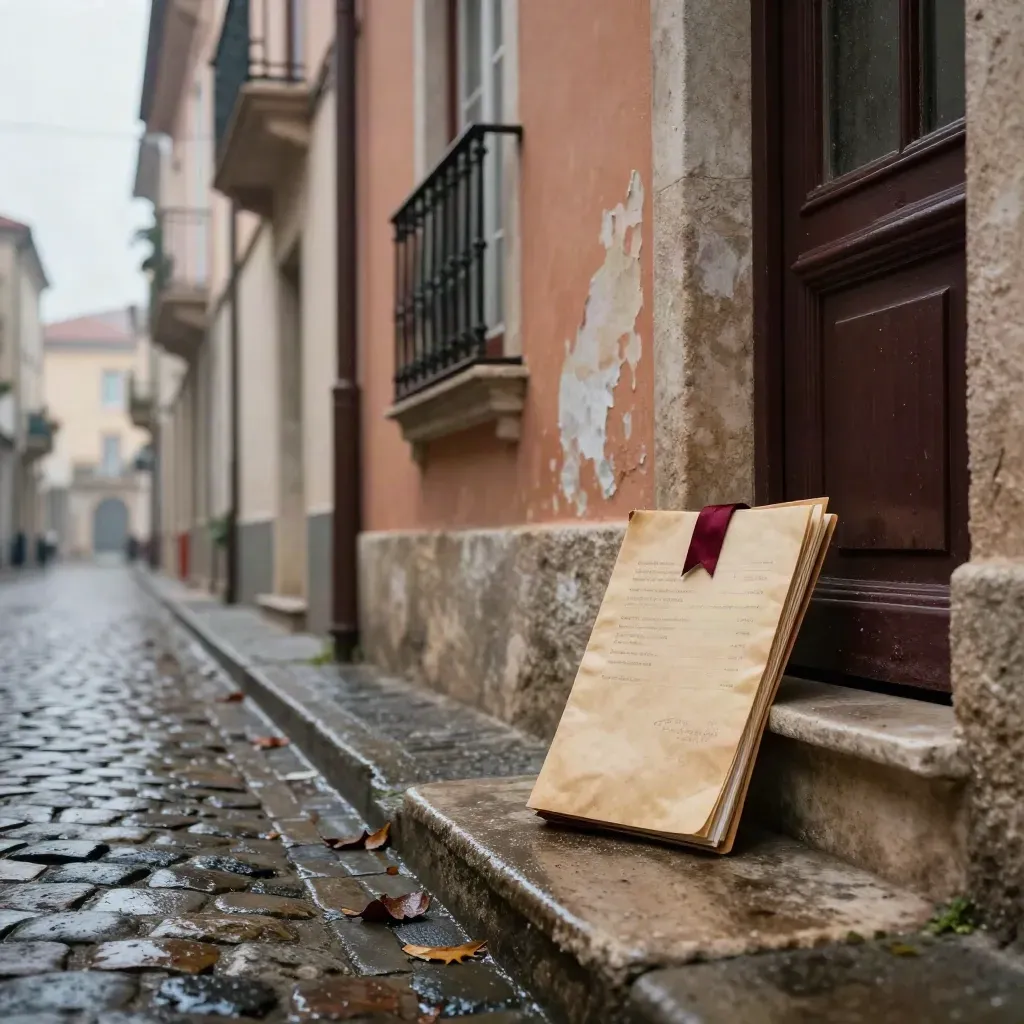 Vicolo meridionale bagnato, cartellina di ricerca su un gradino, balcone in ferro e pietra lucida.