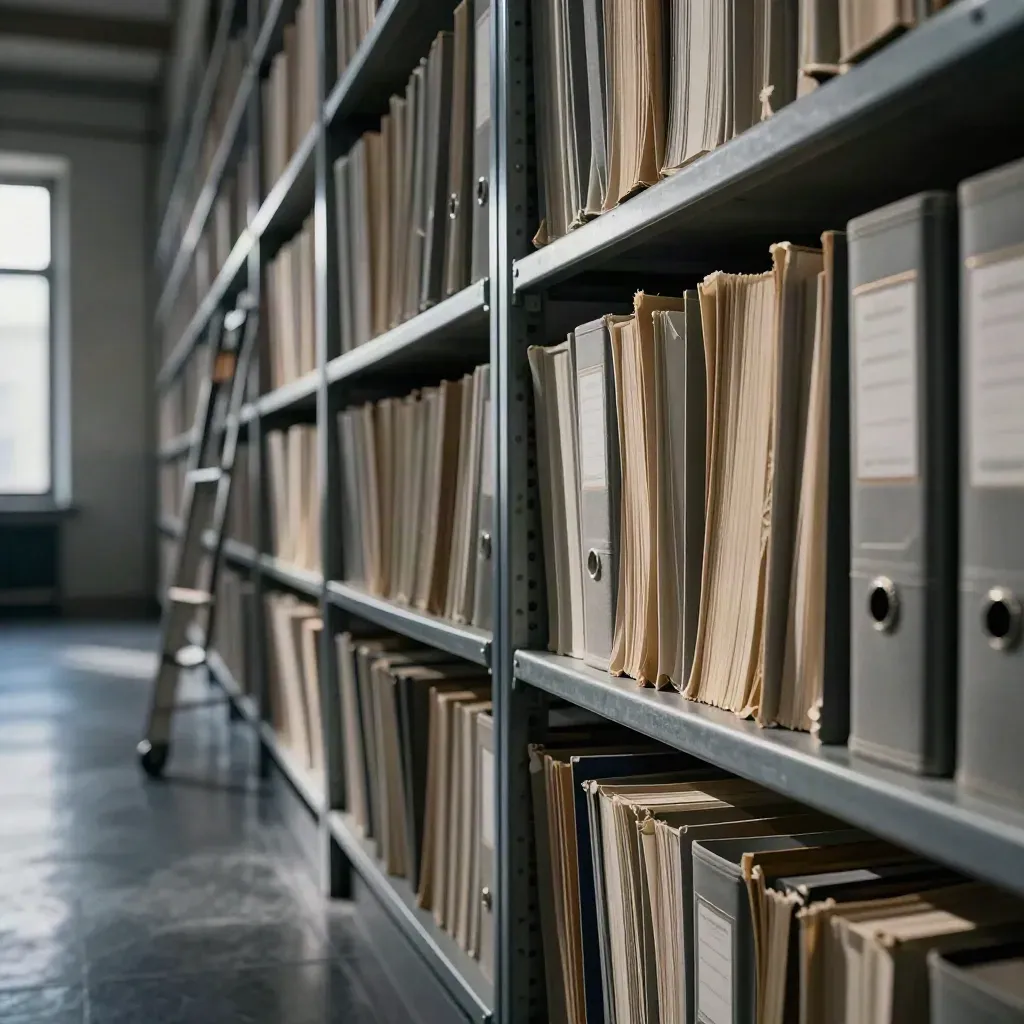 Corridoio d’archivio torinese con cartelle grigie, scala mobile ferma e pavimento lucido in luce radente.