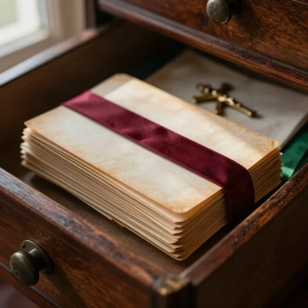 Cassetto archivio antico con schede genealogiche, nastro bordeaux e crocifisso sfocato.