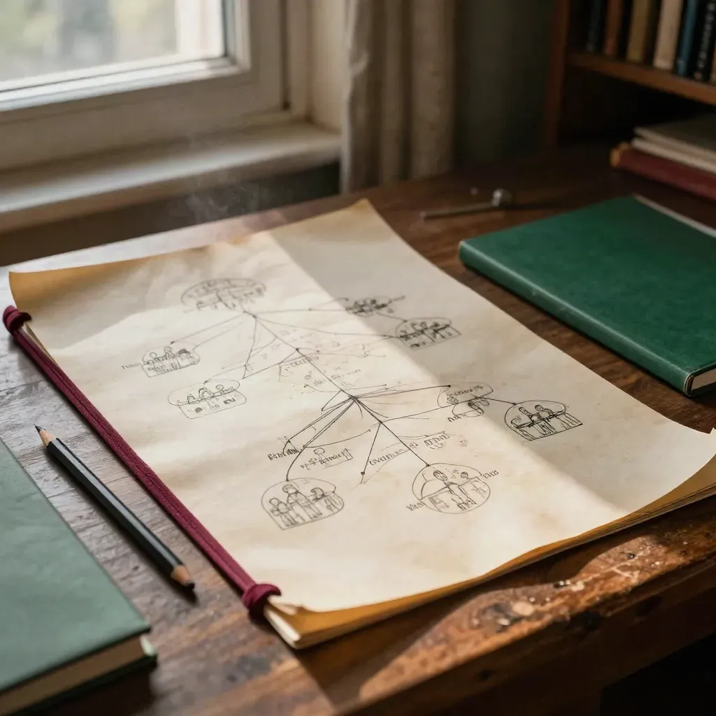 Foglio genealogico con elastici, cartellina e matita su tavolo in luce calda.