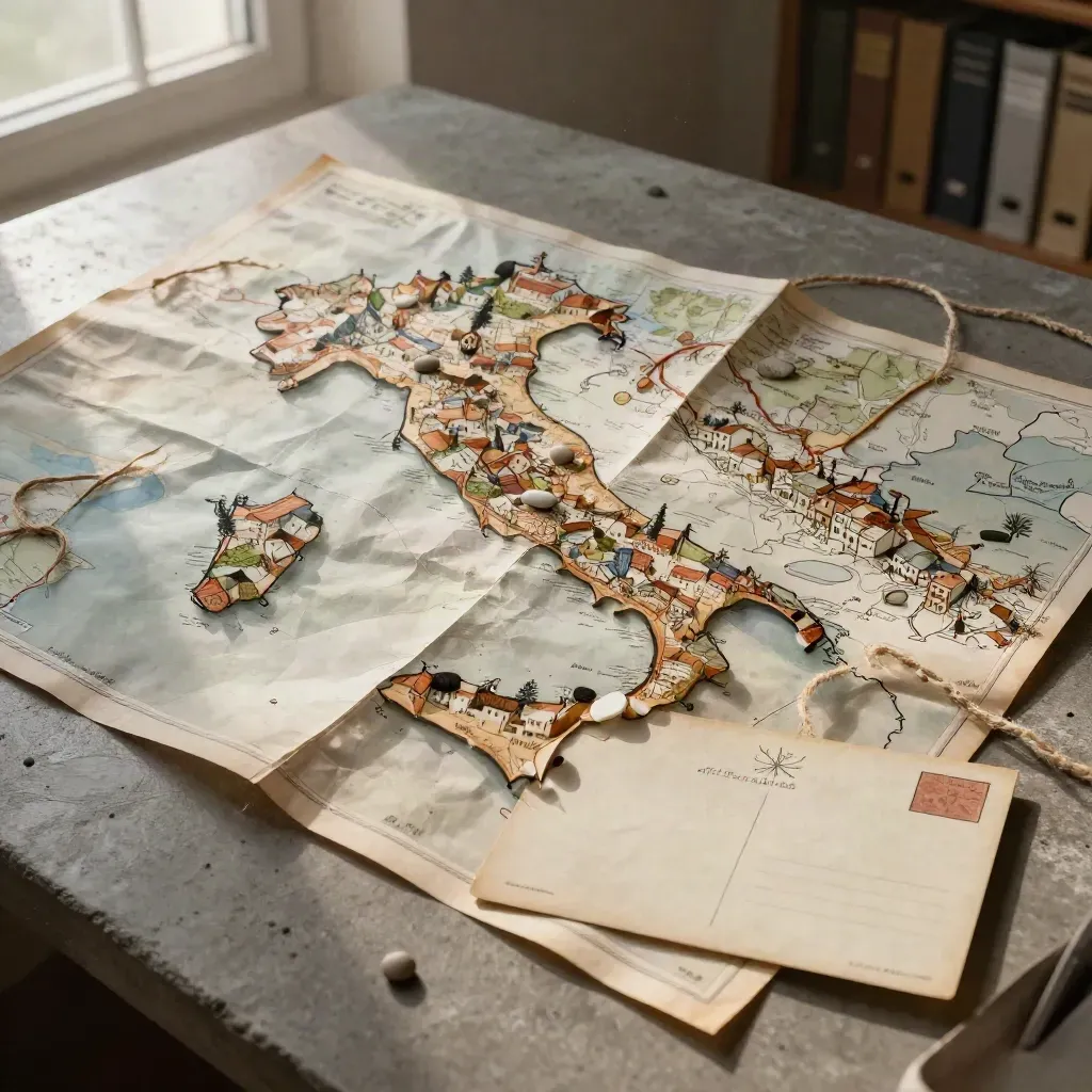 Mappa piegata, spago e cartolina su tavolo d’archivio, con un sassolino che solleva un angolo.