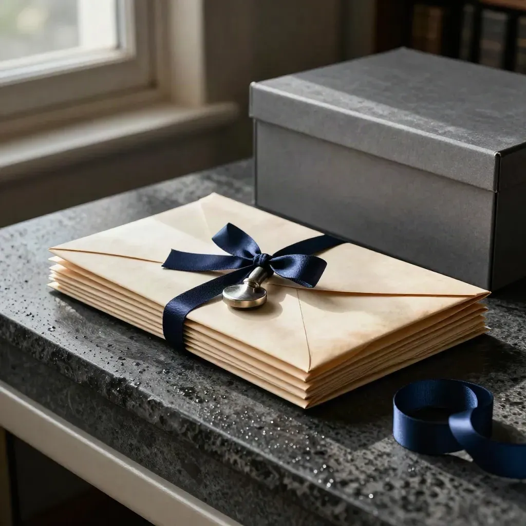 Buste e cartella chiusa allineate su pietra scura, con nastro navy e sigillo metallico.