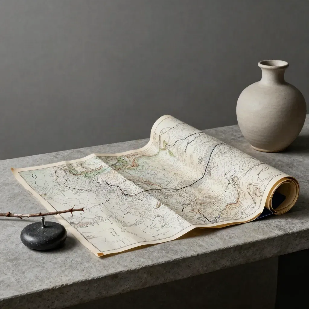 Mappa topografica piegata con peso di pietra, rametto secco e vasetto basso su pietra.